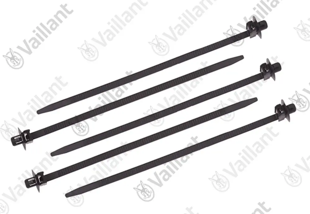 Schwarze Kabelbinder von Vaillant, vier Stück, mit schmalen Befestigungsköpfen und rillenstrukturierter Oberfläche, geeignet für vielseitige Befestigungsanwendungen.